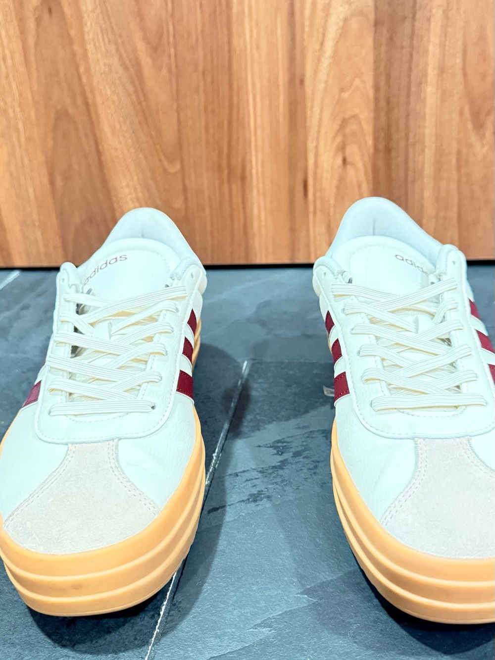 adidas Women’s VL Bold Court Cream Sneakers with Maroon Stripes and Tan Sole